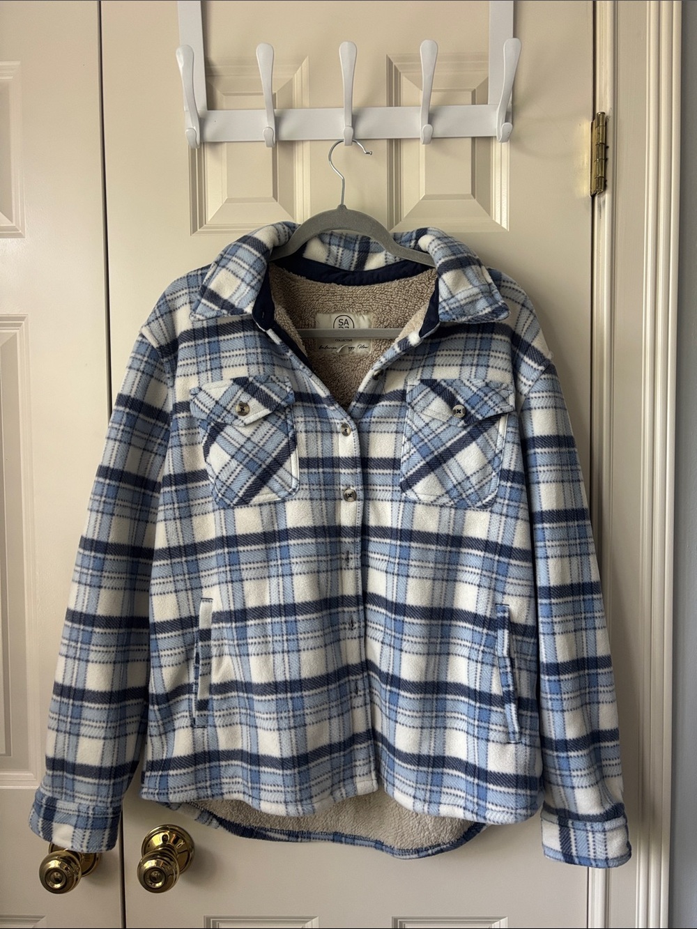 Women’s Blue Plaid Teddy-Lined Shacket Jacket